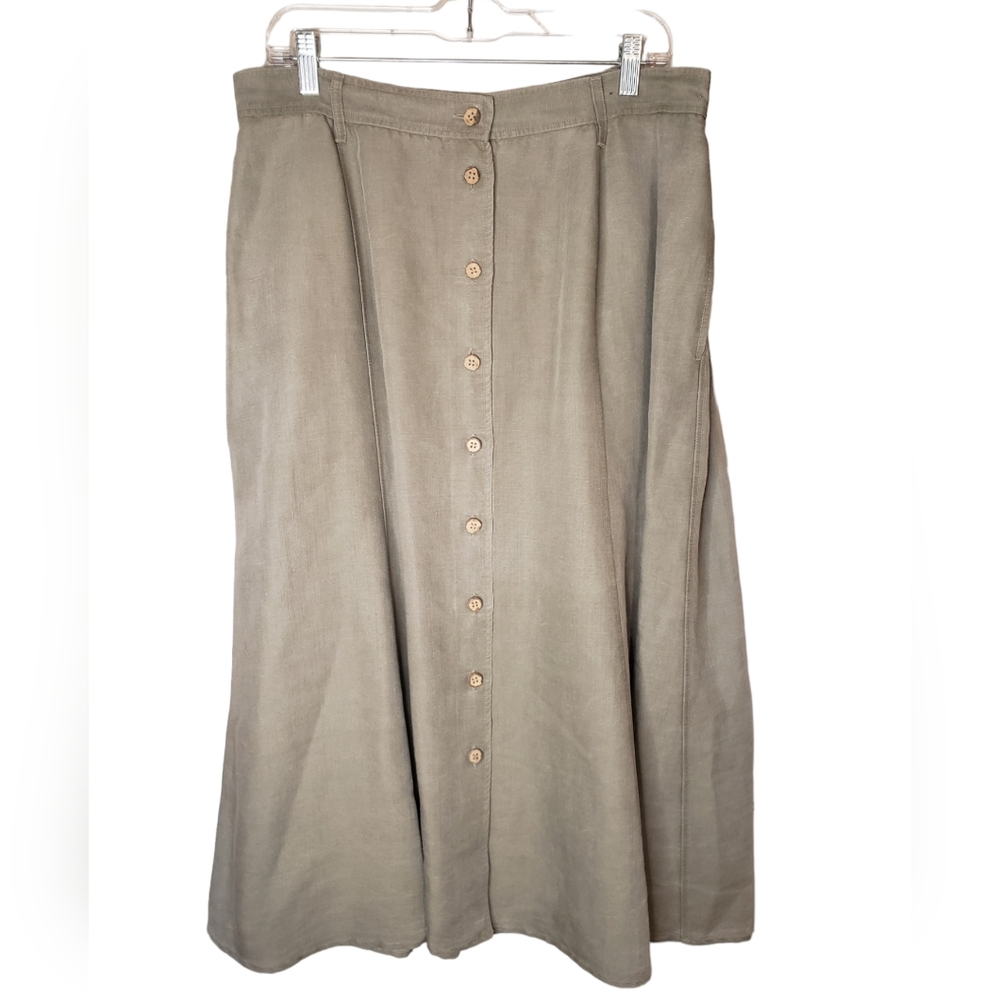 A Liz Claiborne Linen Tan Neutral Khaki A-line Midi Button Down Skirt Size 16